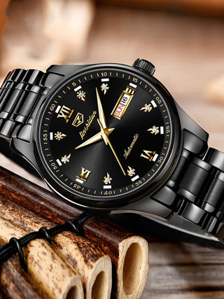 Simple dual calendar waterproof black mechanical watch